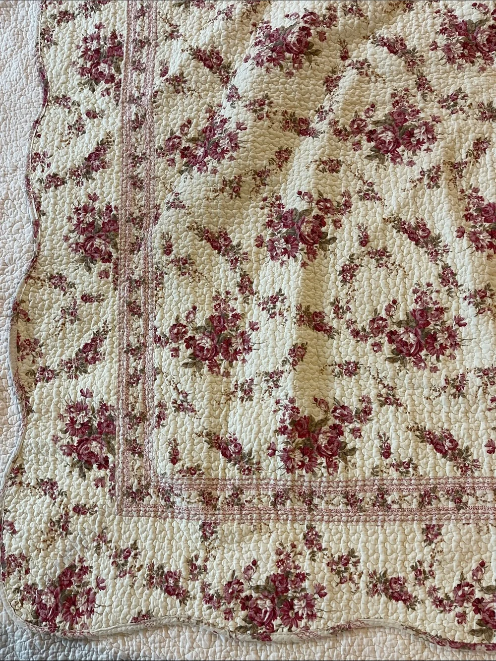 Floral Quilted embroidered Throw Blanket in Cream and Rose reversible